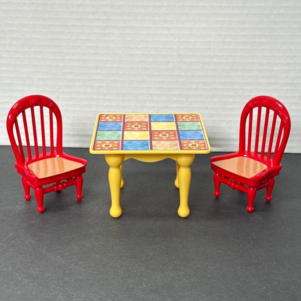 Fisher Price Loving Family Dollhouse Furniture Tiled Table and 2 Red Chairs Set